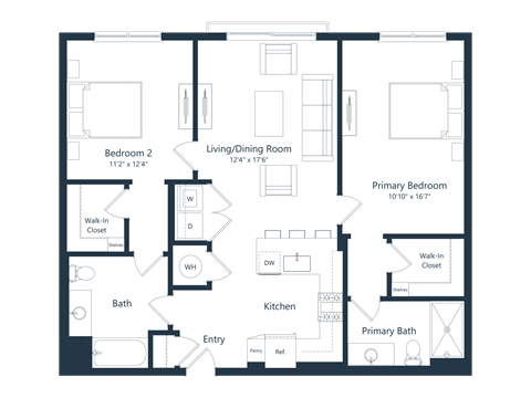 Floor plan for 2 beds, 2 baths, 1268 sqft